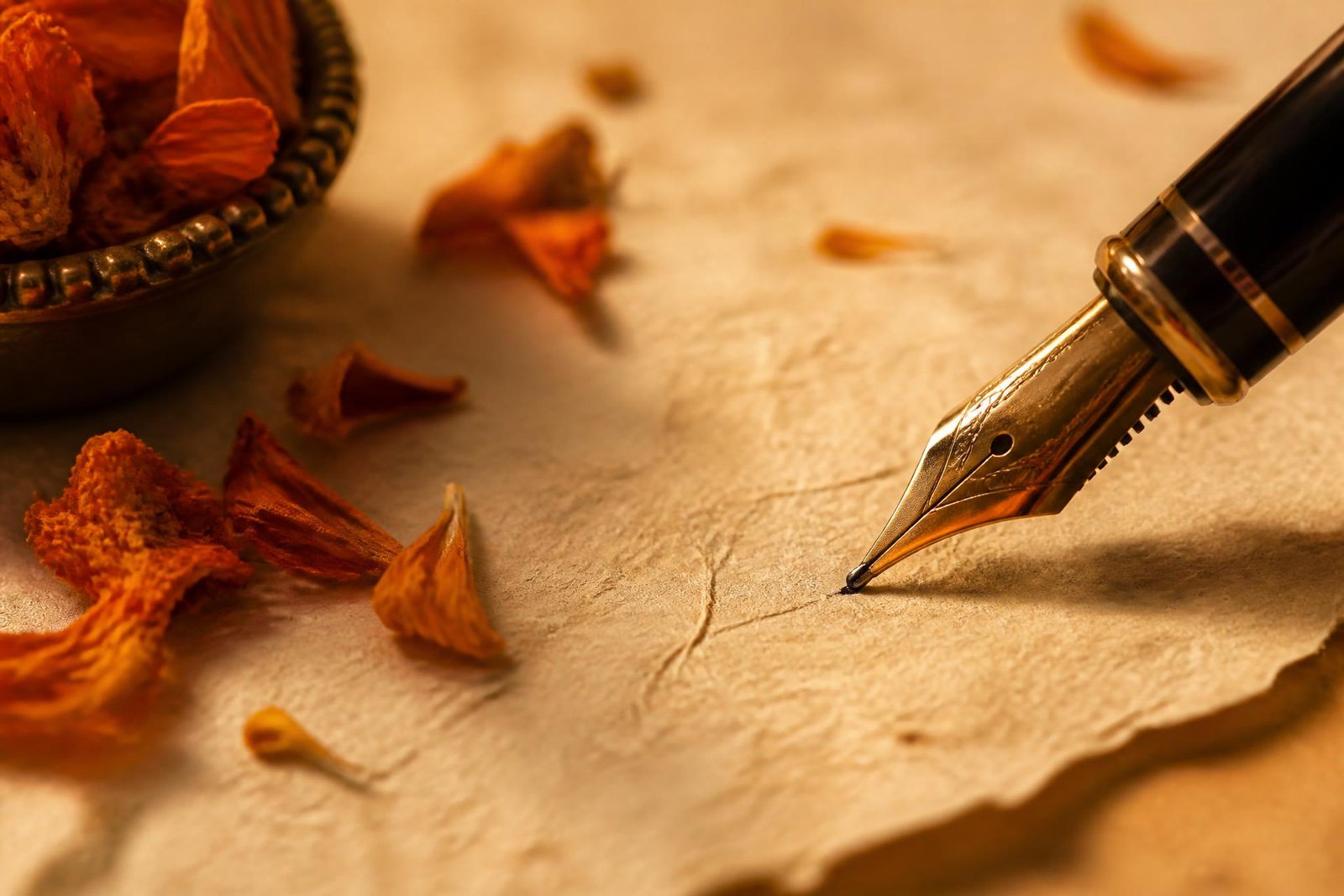A fountain pen resting on handmade paper